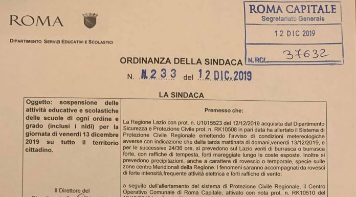 Ordinanza Raggi chiusura scuole domani 13/12/2019