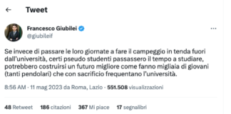 Andate a studiare!” Rimprovera Giubilei, ma l’università la pagavano mamma e papà