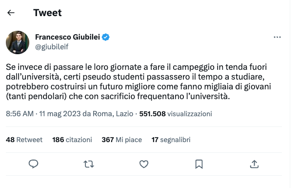Andate a studiare!” Rimprovera Giubilei, ma l’università la pagavano mamma e papà