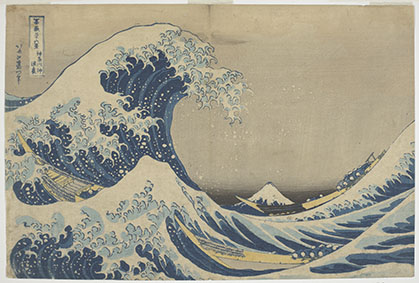 Katsushika Hokusai (1760-1849), La grande onda presso Kanagawa, fine 1831. Serie: “Trentasei vedute del Monte Fuji”. Stampa xilografica a colori su carta, 25x37,3 cm. Museo Nazionale di Cracovia